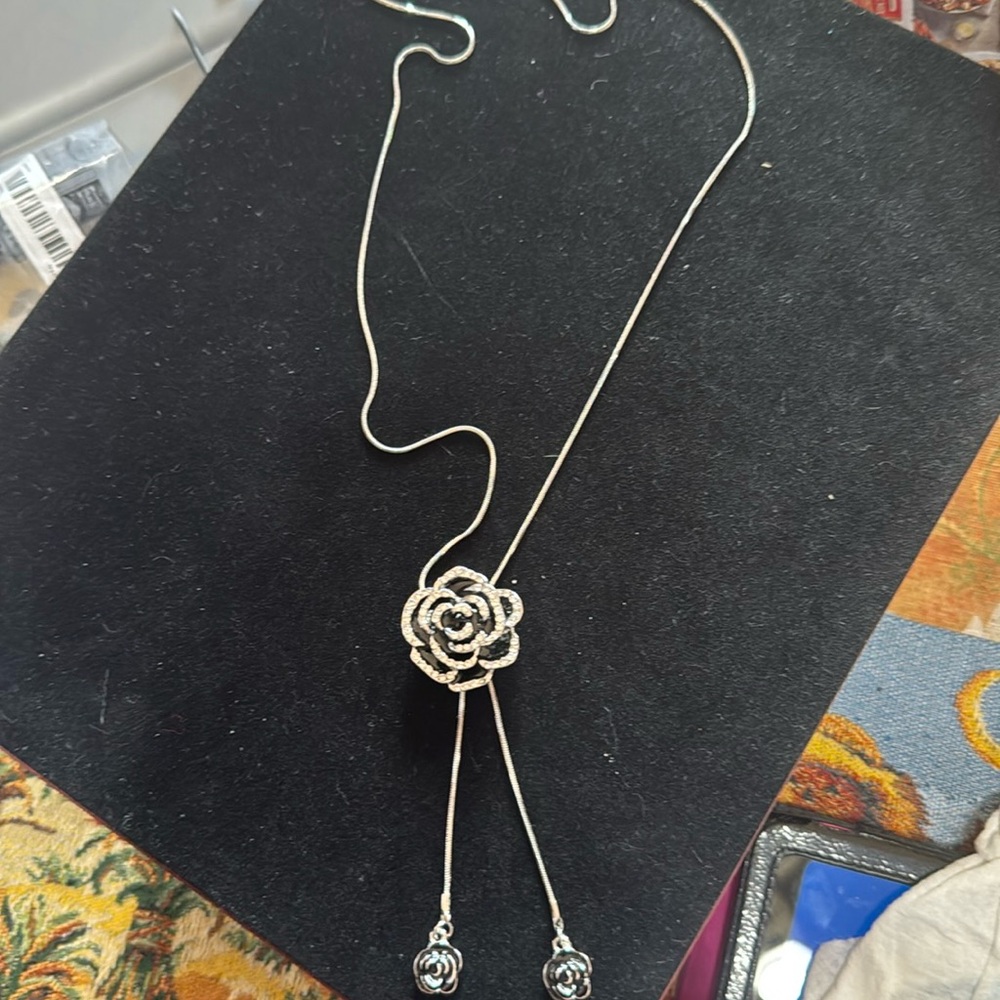 Camellia Flower Bolo Necklace Silver Toned